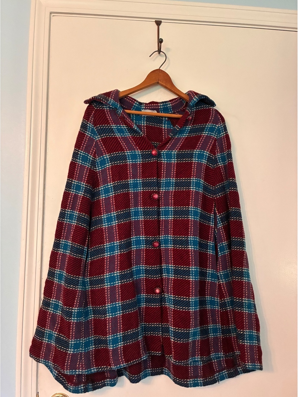 Vintage 60s 70s Wool Plaid Cape Poncho Burgundy Blue Made USA XS S